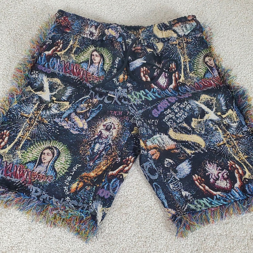 Rockstar Original Tapestry Shorts Men's Medium Black Religious Frayed Fringe